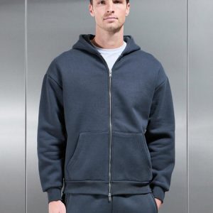 Relaxed Zip Through Hoodie in Slate Blue