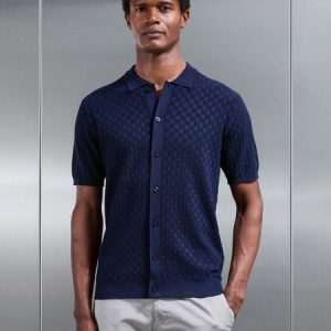 Square Textured Button Through Shirt in Navy