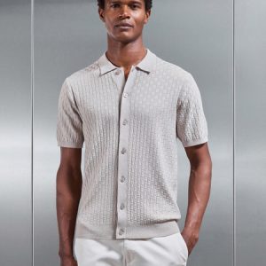 Square Textured Button Through Shirt in Stone