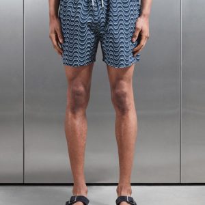 Wave Printed Drawstring Swim Short in Navy